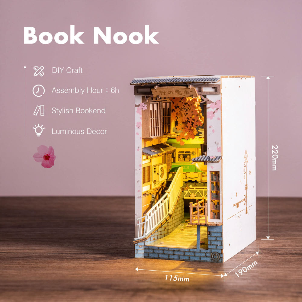 Rolife Sakura Densya miniature shopfronts brighten a shelf vignette