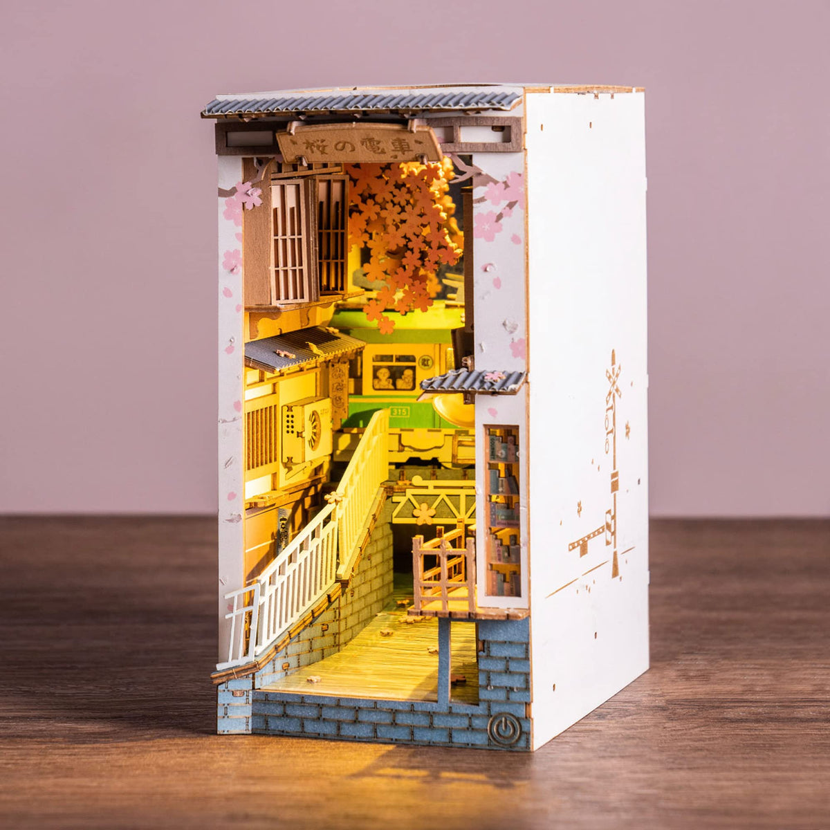 Rolife Sakura Densya river tram scene enhances cozy shelf decor