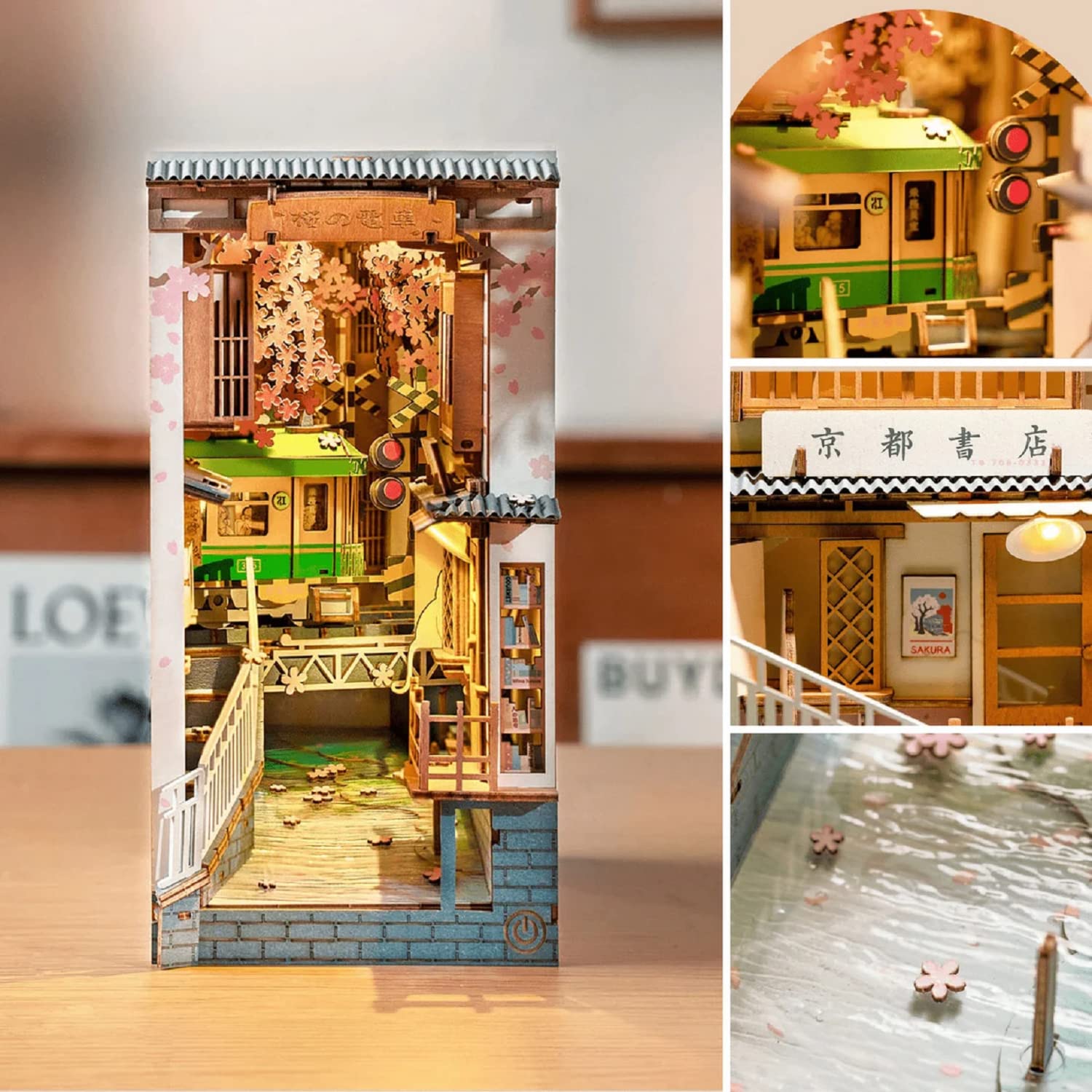 Rolife Sakura Densya storefronts lit at night for charming shelves