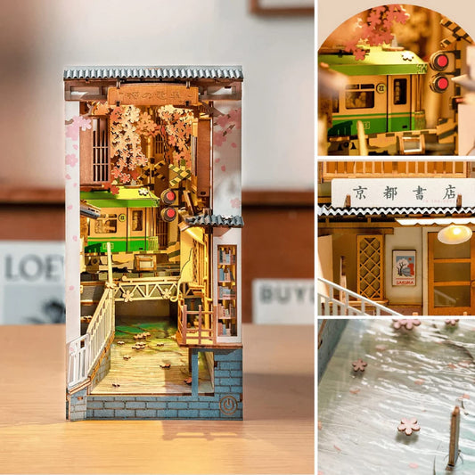 Rolife Sakura Densya storefronts lit at night for charming shelves