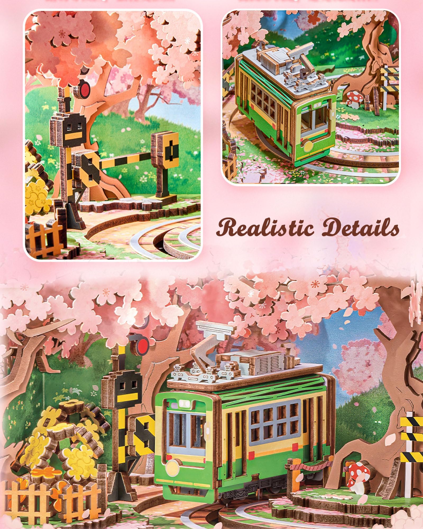 Rolife kinetic cherry tram scene moves smoothly for engaging home display.