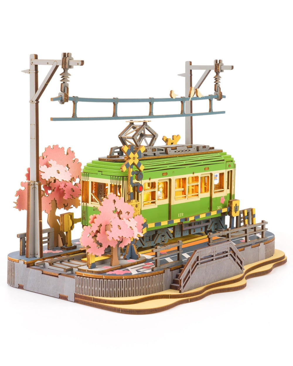 Rolife Sakura Journey Tram base view highlighting sturdy wood construction.