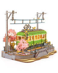 Rolife Sakura Journey Tram base view highlighting sturdy wood construction.