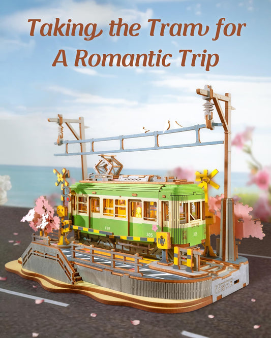 Rolife Sakura Journey Tram front glass lights showcase a magical glow.