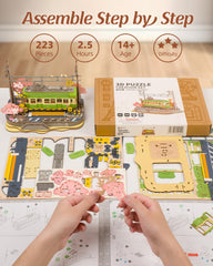 Rolife Sakura Journey Tram in-progress shot highlights snap-fit steps.