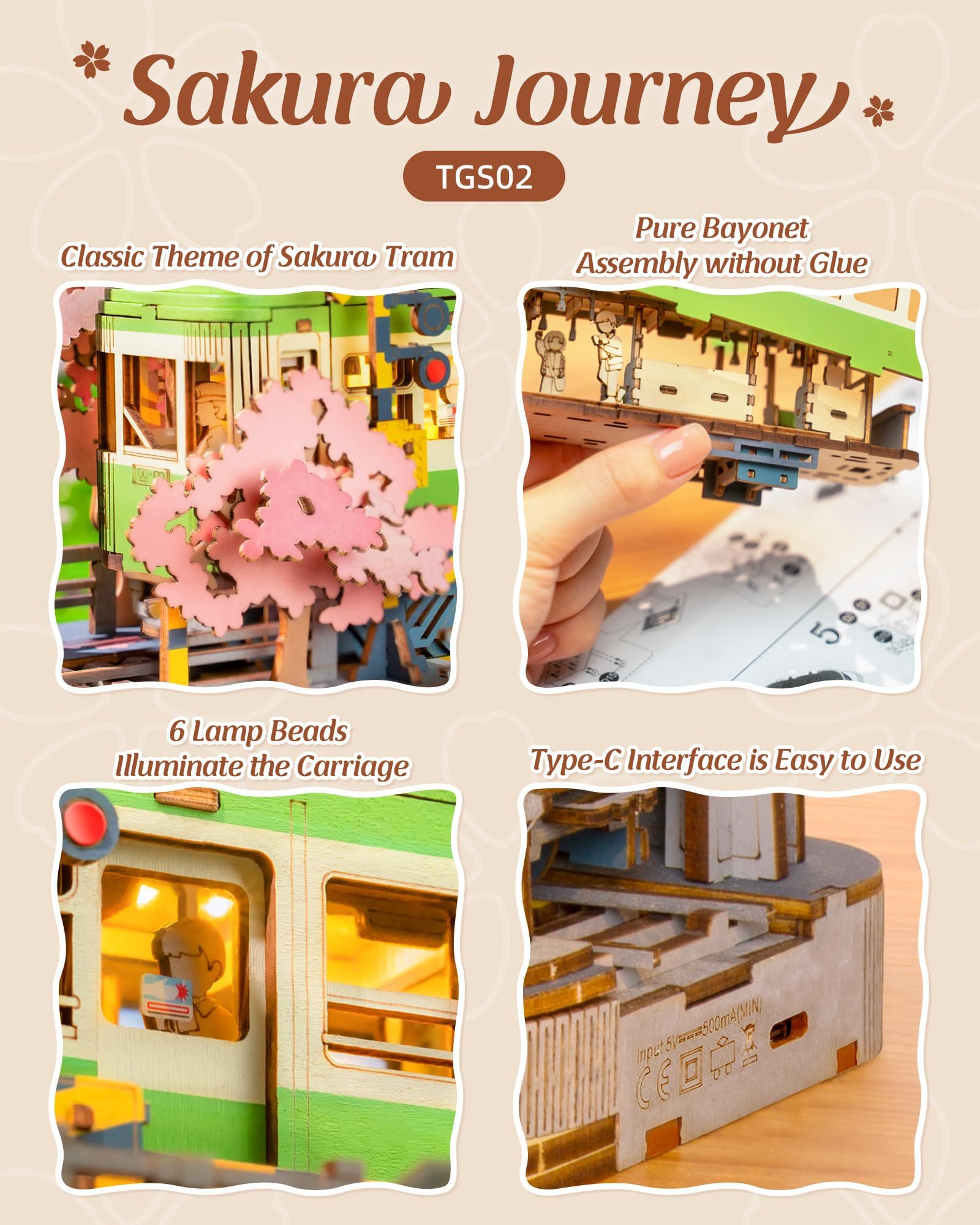 Rolife Sakura Journey Tram wood pieces laid out for easy assembly.