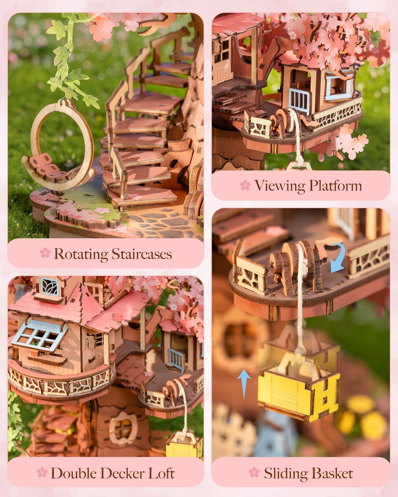 Rolife Sakura Tree House 535-piece puzzle close-up emphasizes challenging fun.