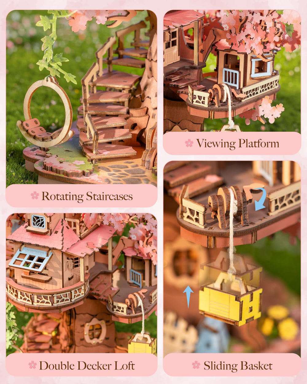 Rolife Sakura Tree House 535-piece puzzle close-up emphasizes challenging fun.