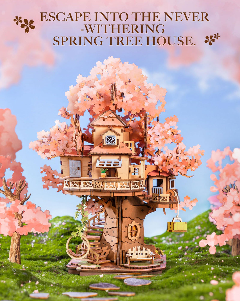 Rolife Sakura Tree House spiral stairs highlight sturdy design for lasting display.