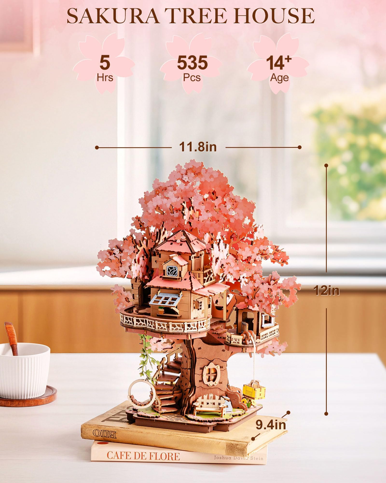 Rolife Sakura Tree House wooden plywood construction conveys durable build.