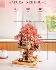 Rolife Sakura Tree House wooden plywood construction conveys durable build.