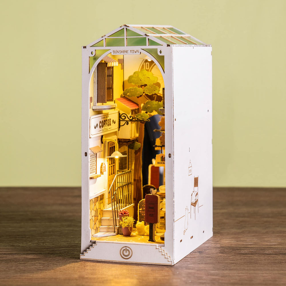Rolife Sunshine Town front view, a sunny micro-world for shelf decor.