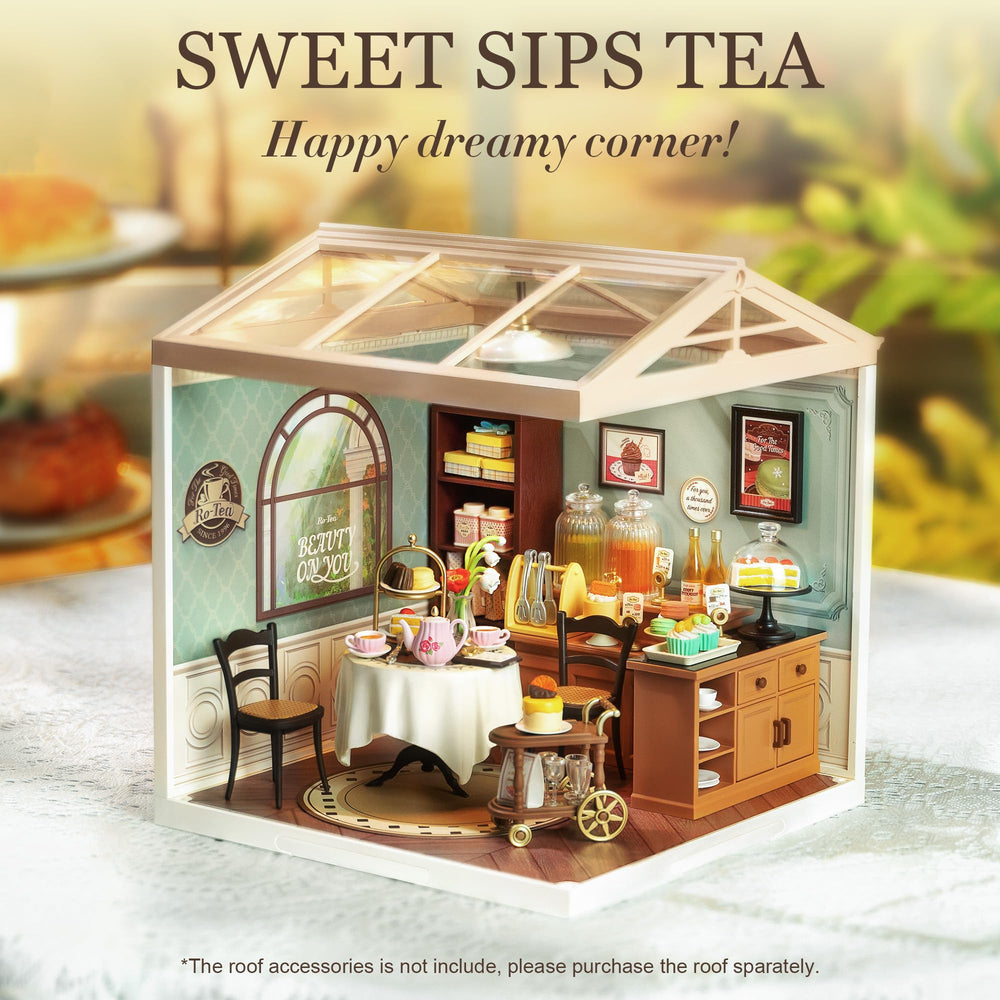 Rolife Sweet Sips Tea interior with desserts and tea setup for diorama scenes