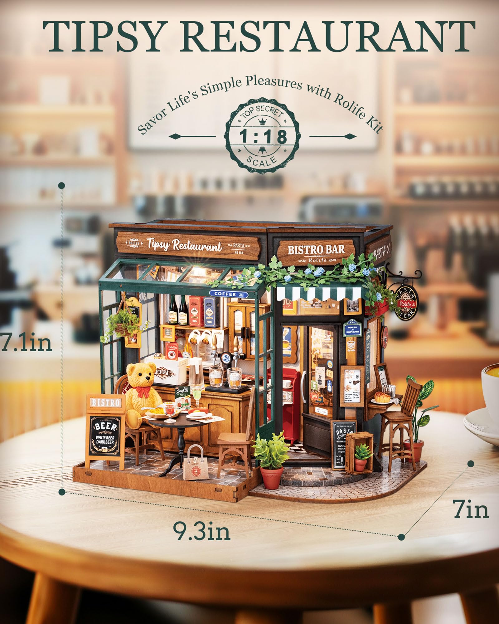 Rolife Tipsy Restaurant dining corner enhances desk décor and mini scene collection.