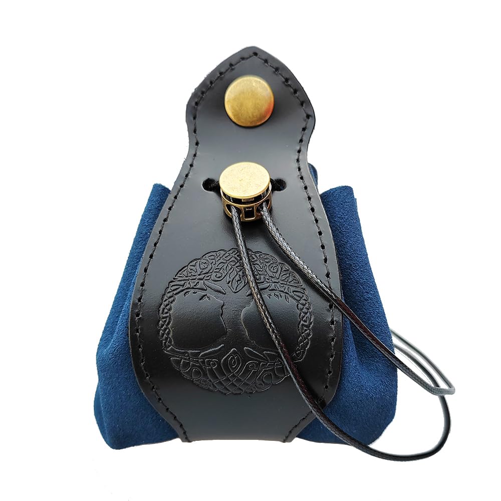 Rollooo black and blue Celtic tree dice bag with drawstring closed for secure carry.