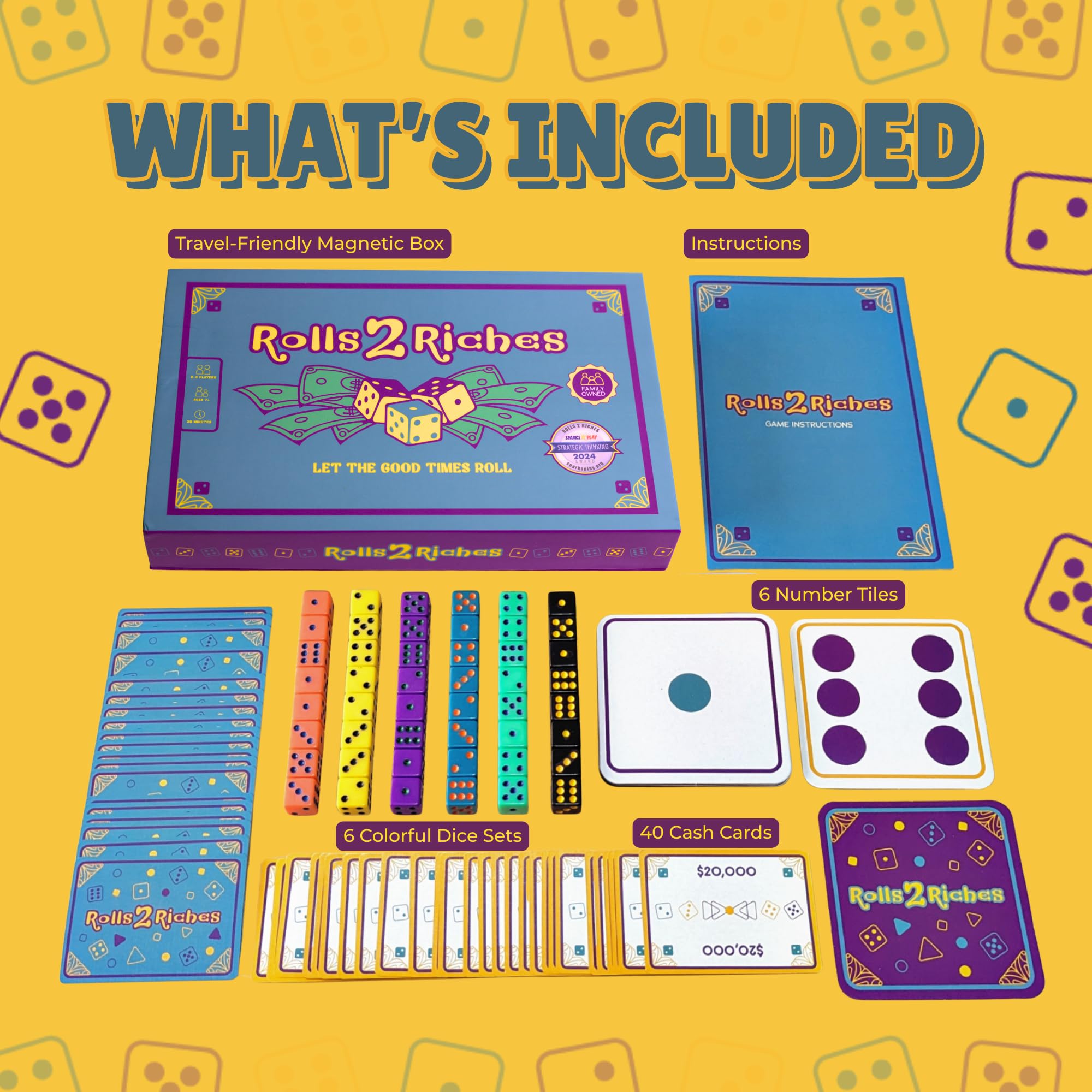 Rolls 2 Riches dice and cards provide quick, engaging rounds for all players.