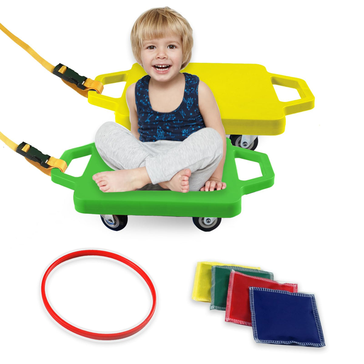 Romrex kids scooter board with handles in green and yellow; side view promotes balance and coordination