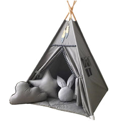 RONGFA Kids Teepee grey with white pom pom detail adds charm