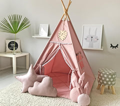 RONGFA Kids Teepee pink with white pom-poms, cozy reading corner.