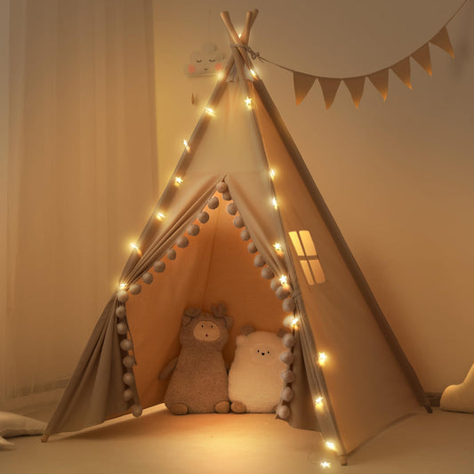 RONGFA Kids Teepee Tent with lights and pompoms for cozy indoor play.