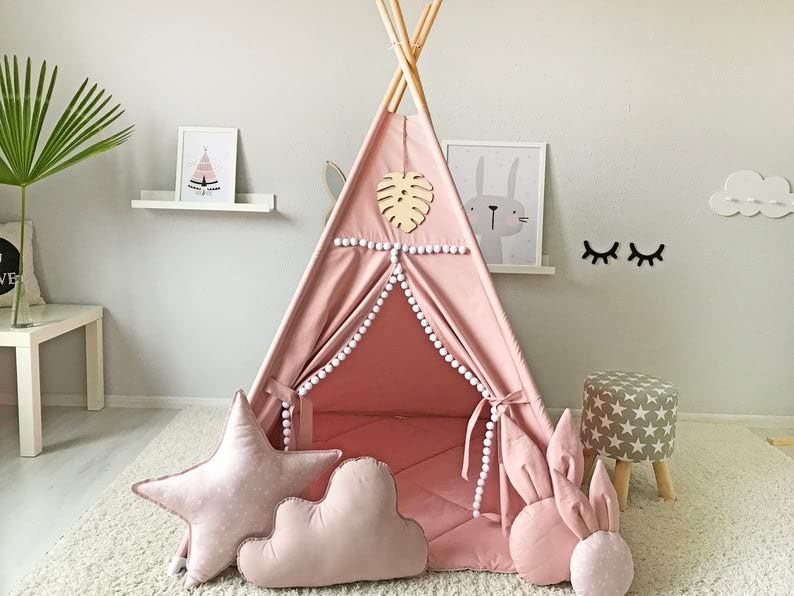 RONGFA teepee showing natural wooden poles for durable, safe play.