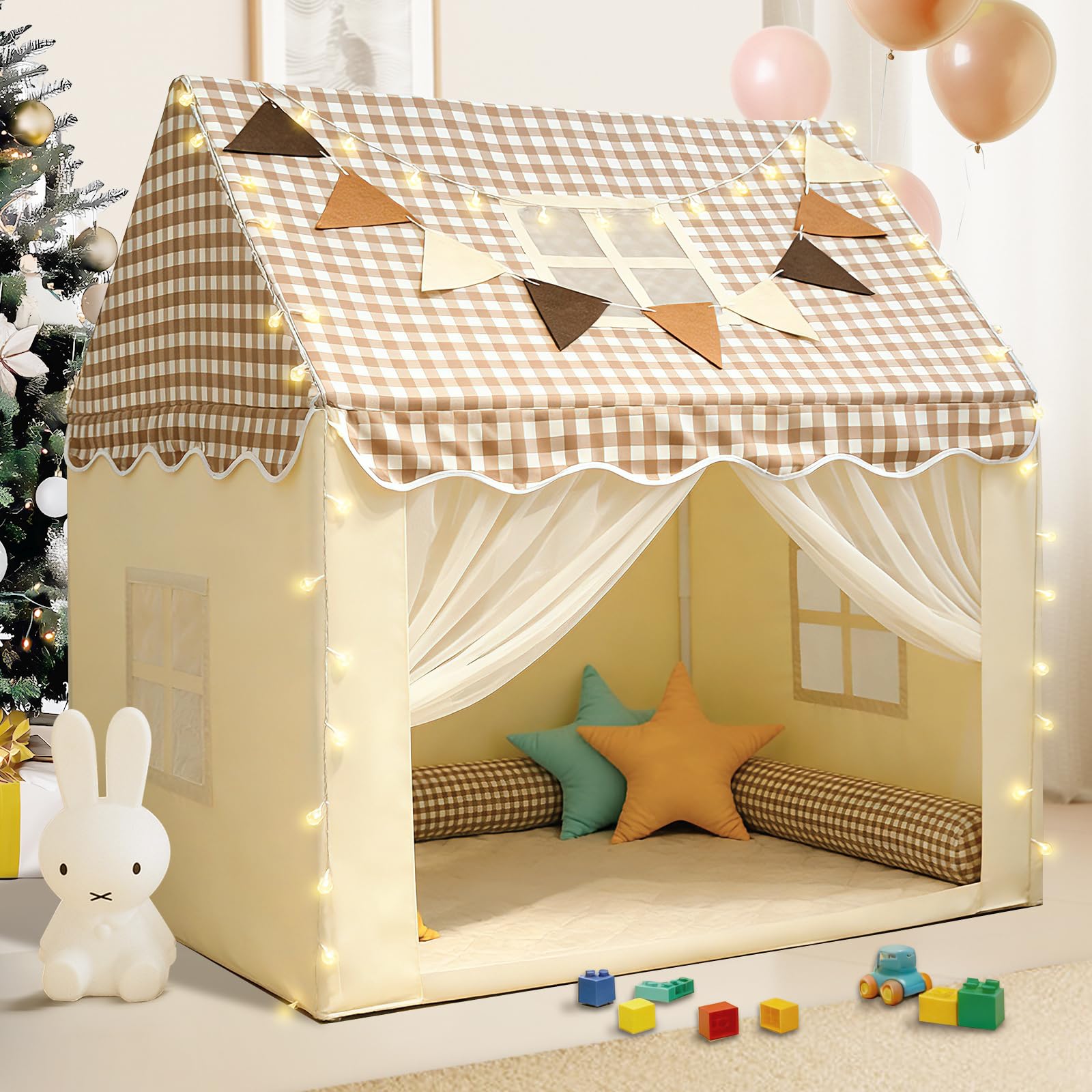 RONGFA playhouse with star light illuminating indoor and outdoor play areas.