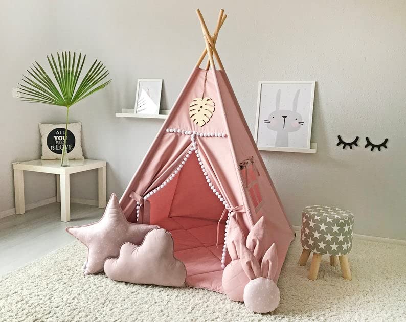 RONGFA teepee pink with flap door and mesh window for ventilation.
