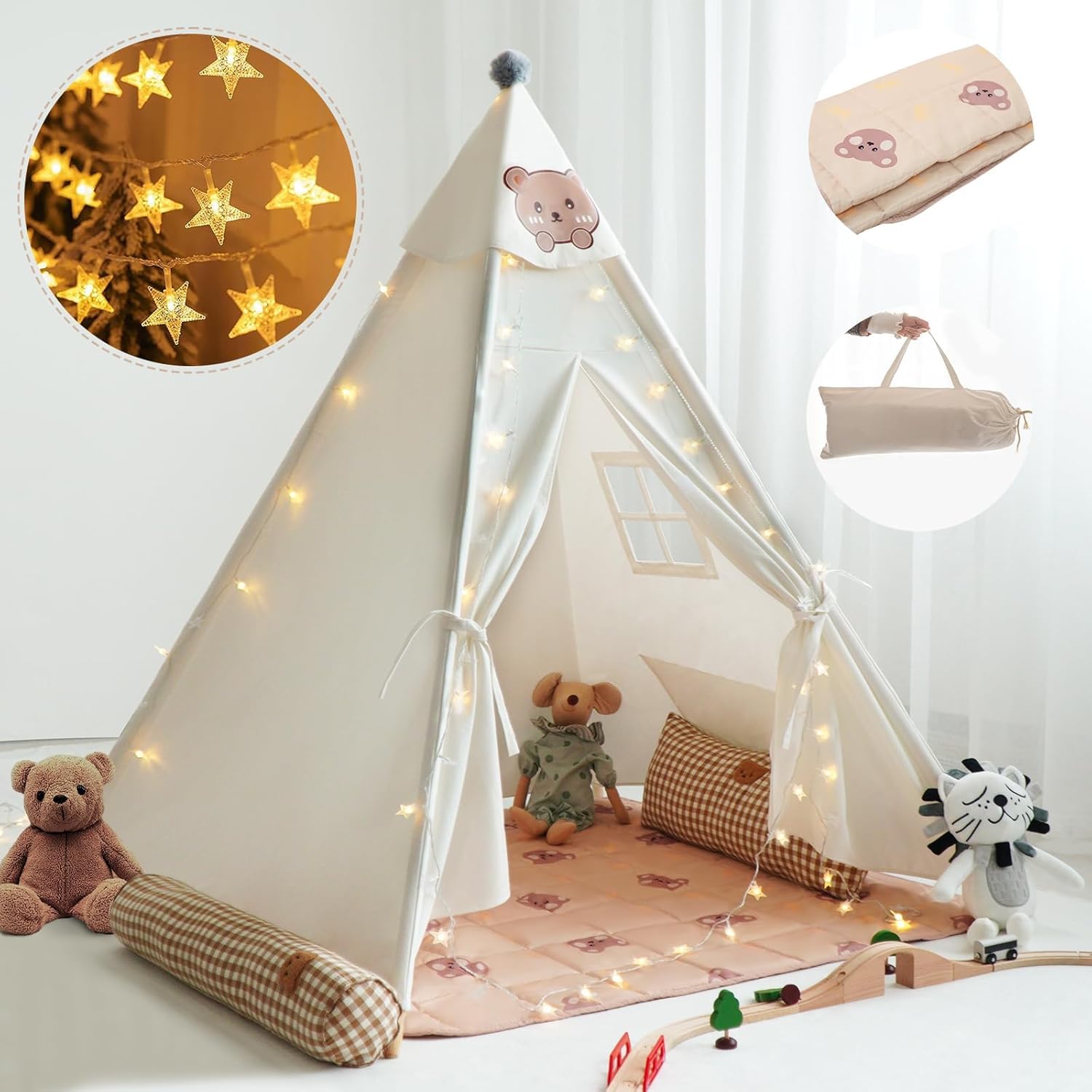 RongFa teepee interior view, cozy play space with breathable cotton canvas