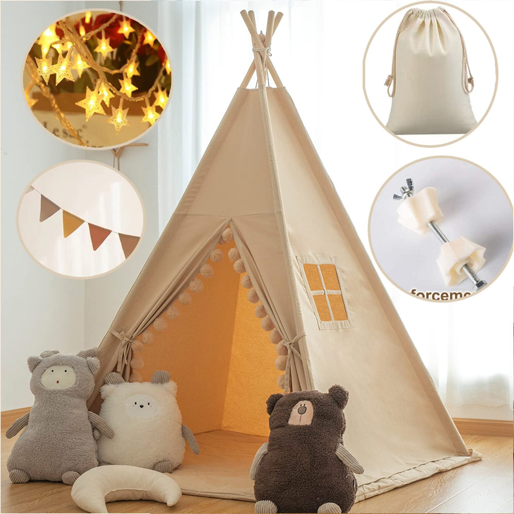 RONGFA teepee tent with wooden poles and reinforced seams for safety.