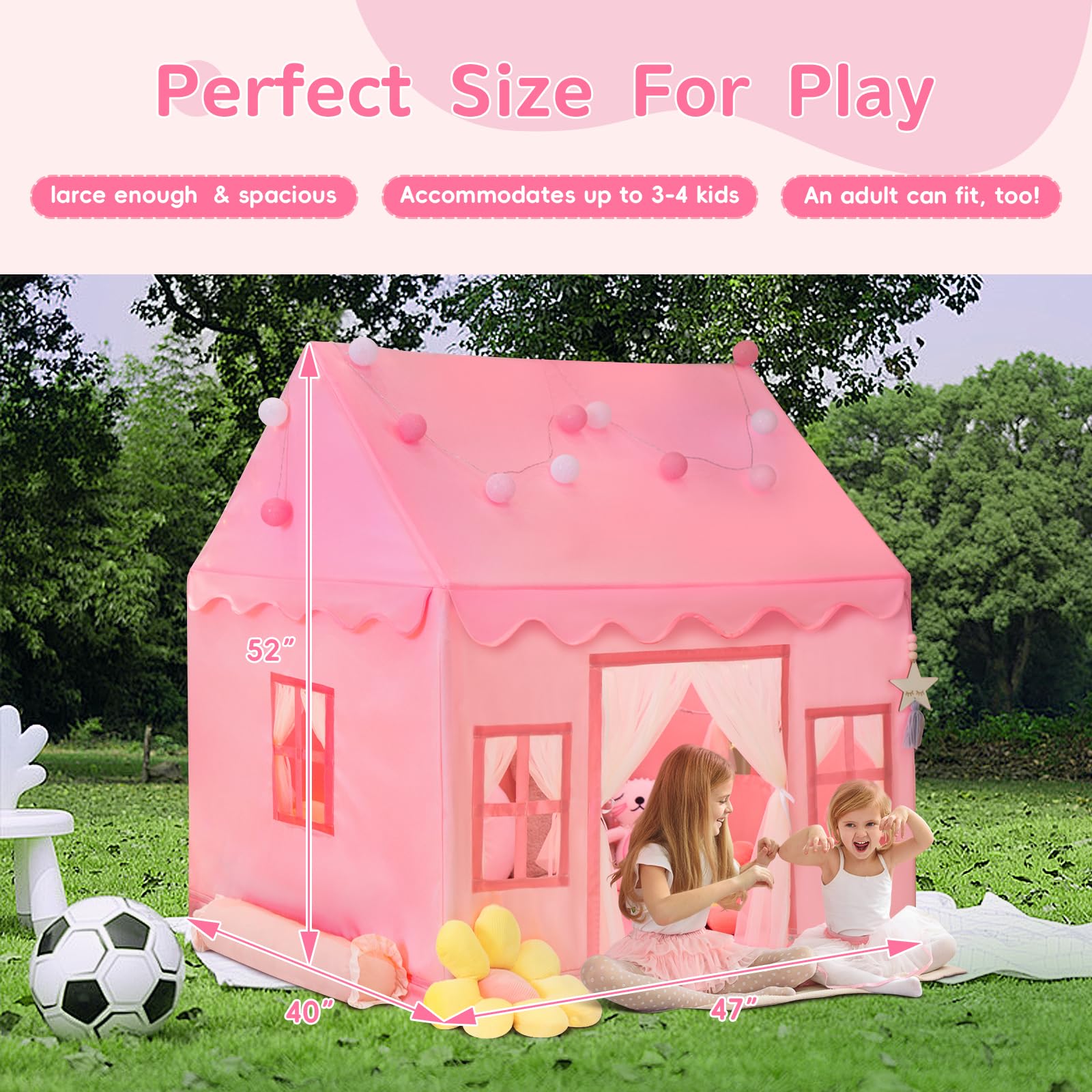 RONGFA pink tent front view with wide door and windows for breathable play.