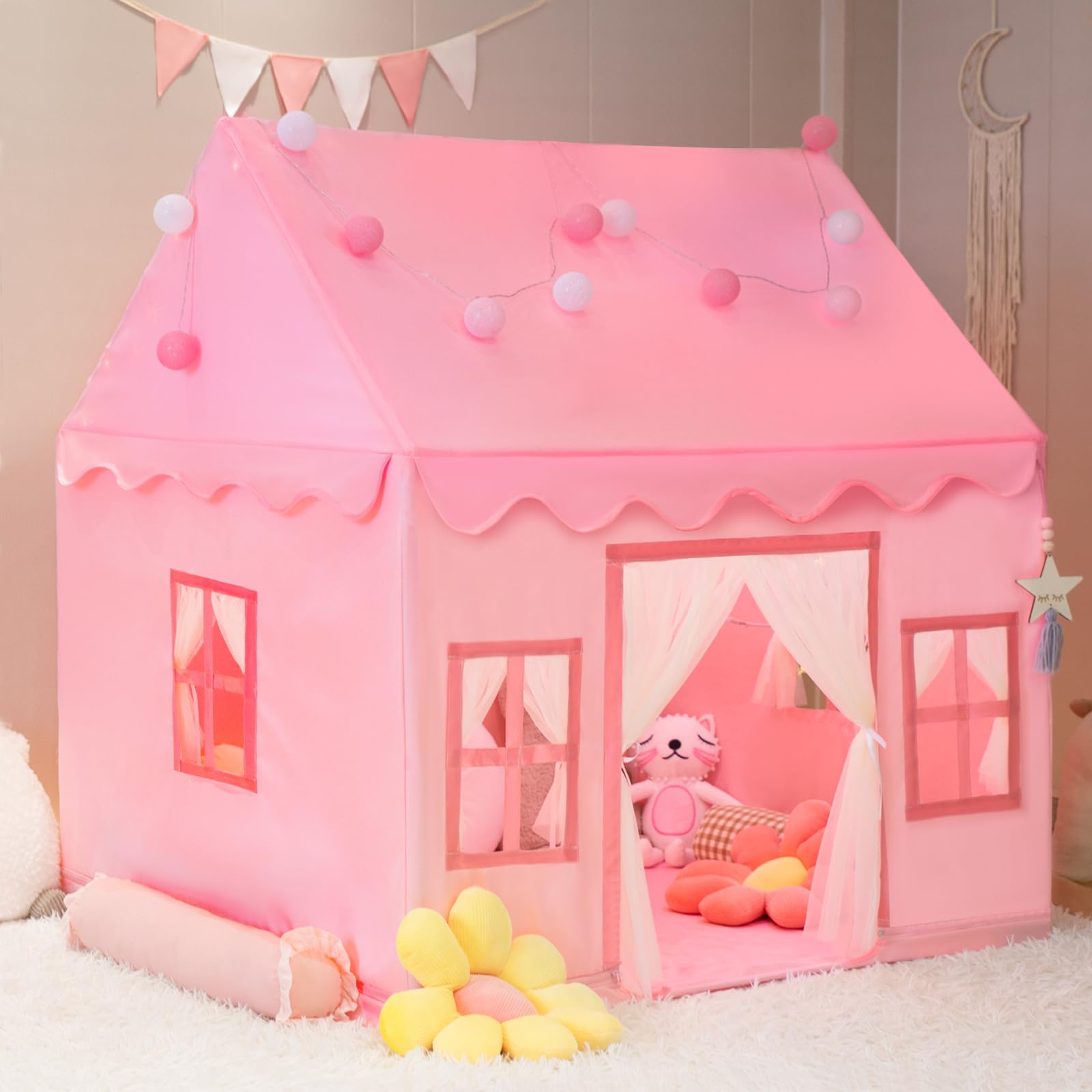 RONGFA pink play space tent assembled, spacious for multiple kids.