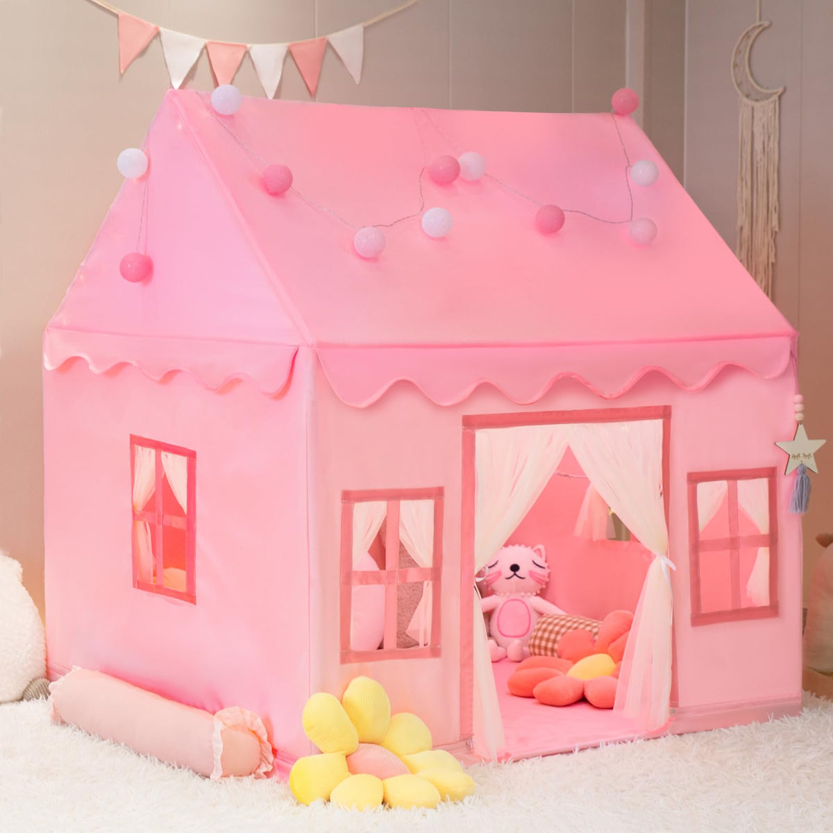 RONGFA pink play space tent assembled, spacious for multiple kids.