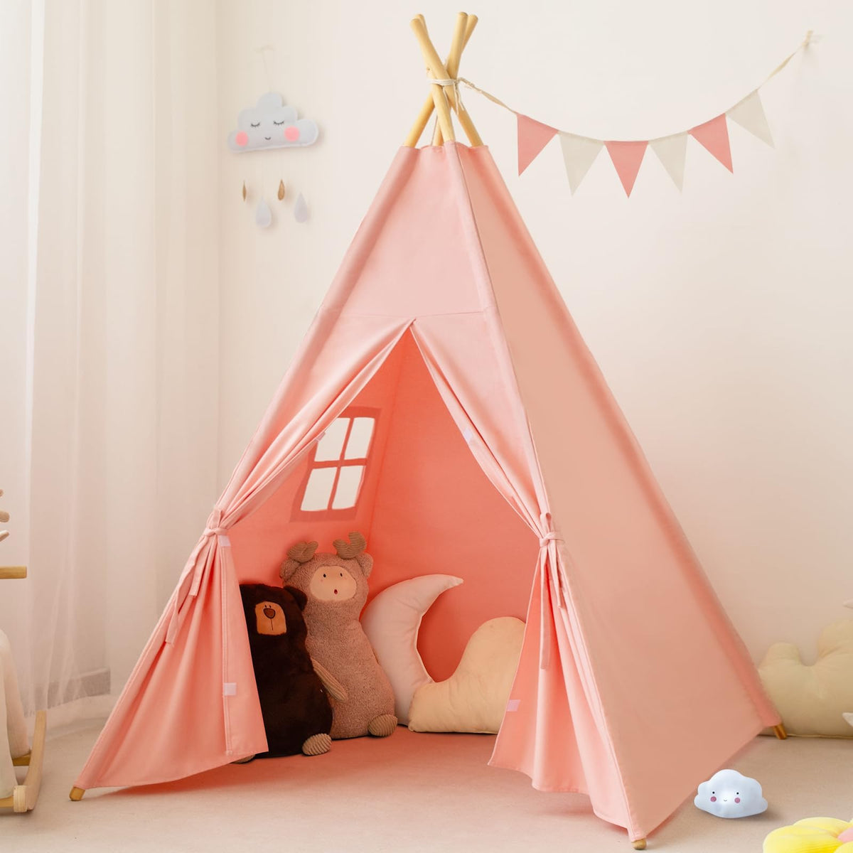 RongFa pink teepee tent for kids ready for indoor play and quiet reading