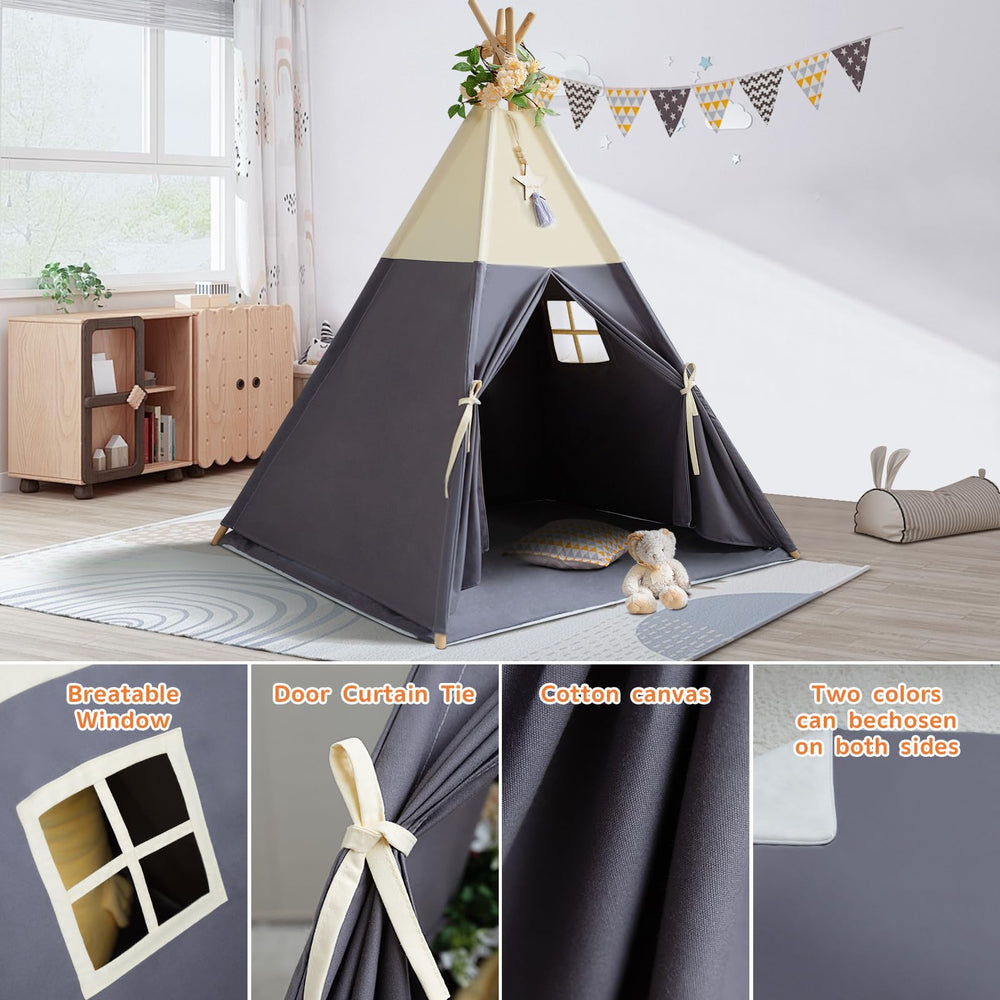 RONGFA tepee tent with mesh ventilation window and flap door.