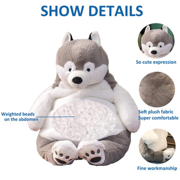 Close-up of Ronivia Husky weighted plush pillow showing the weighted abdomen for steady support