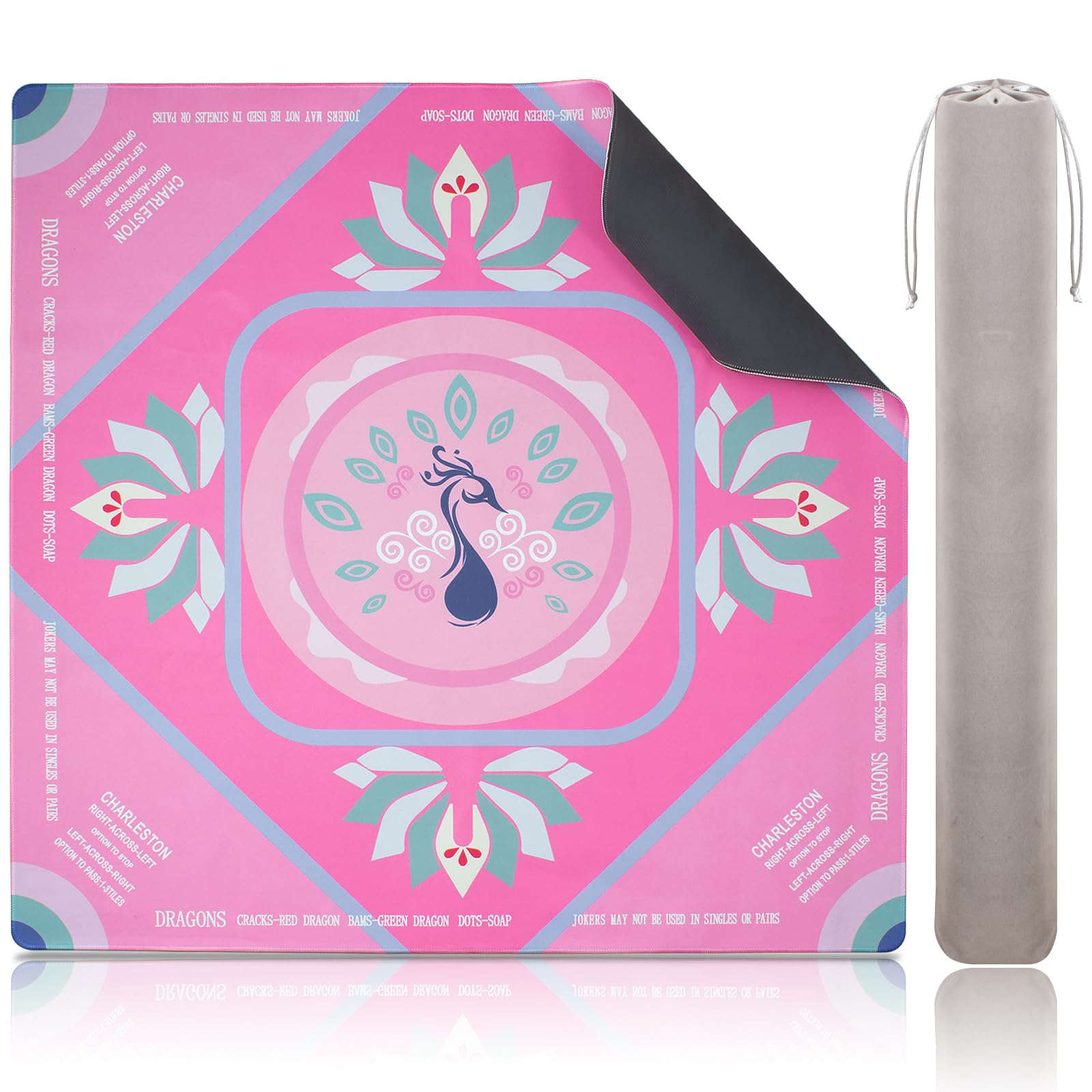 Roocn Mahjong Mat with pink peacock design offers a smooth play surface for Mahjong and table games