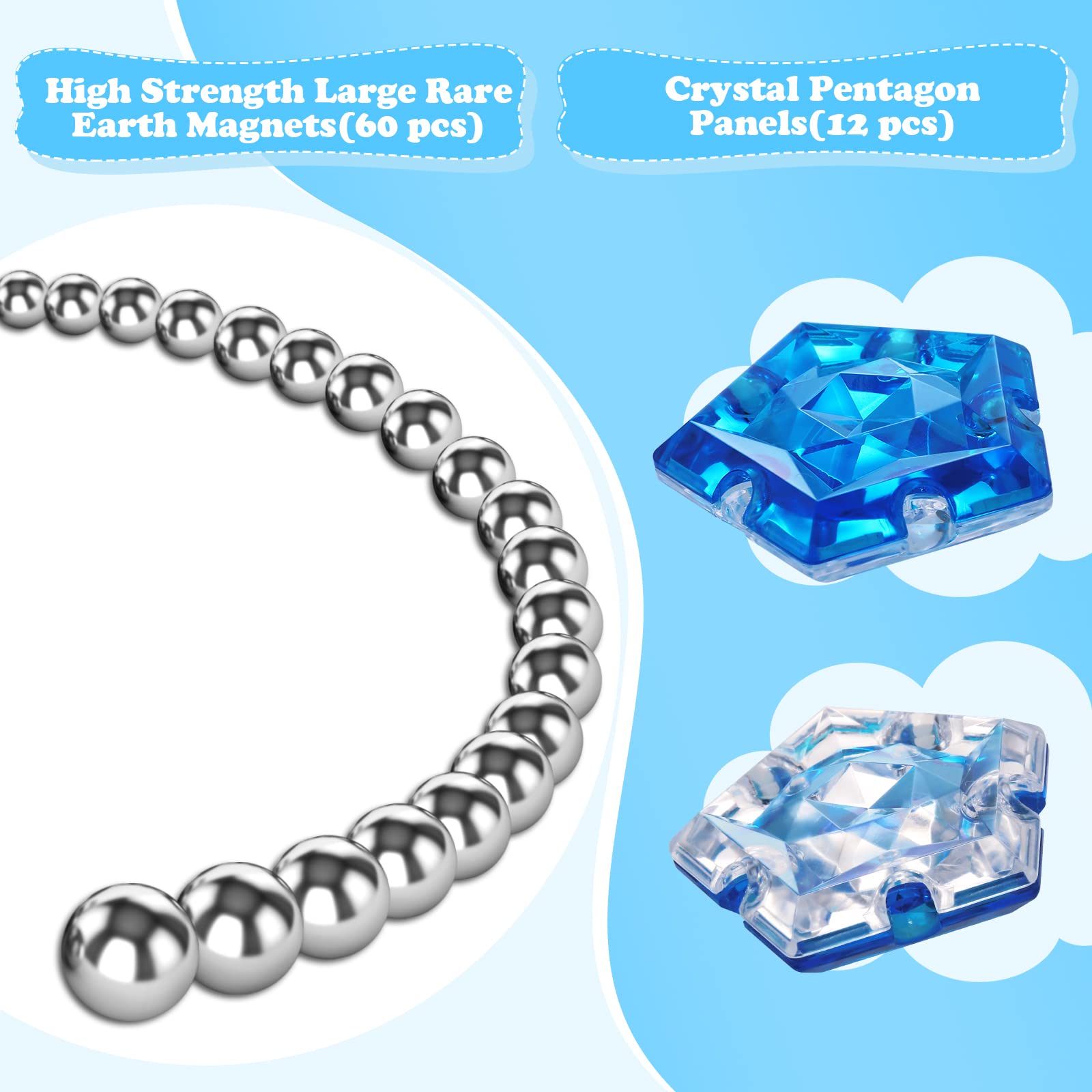 RoomyRoc pentagon magnets stack in crystal blue, inspiring spatial thinking and tactile problem solving.