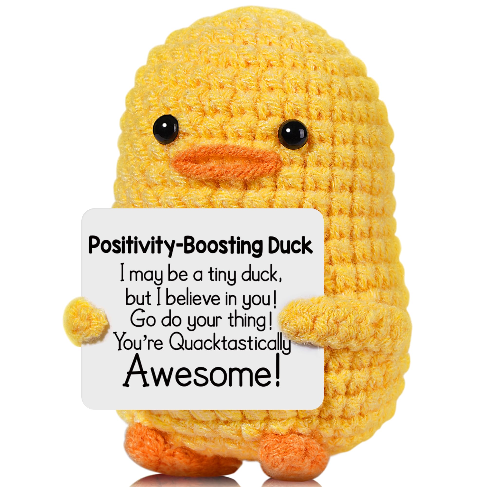 RoomyRoc Positive Affirmation Crochet Duck with a sunny smile for mood-boosting desk decor.