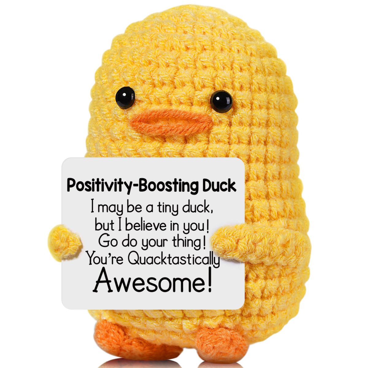 RoomyRoc Positive Affirmation Crochet Duck with a sunny smile for mood-boosting desk decor.