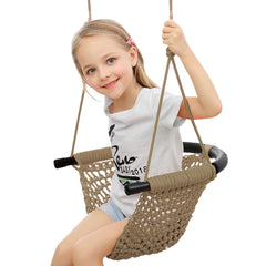 ROPECUBE hand-knitting toddler swing seat close-up showing premium weave and soft touch