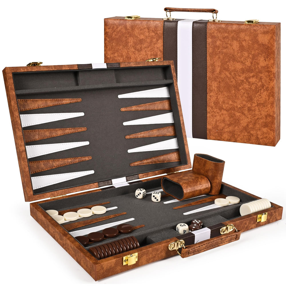 Ropoda backgammon board in a closed leather case for travel and storage.