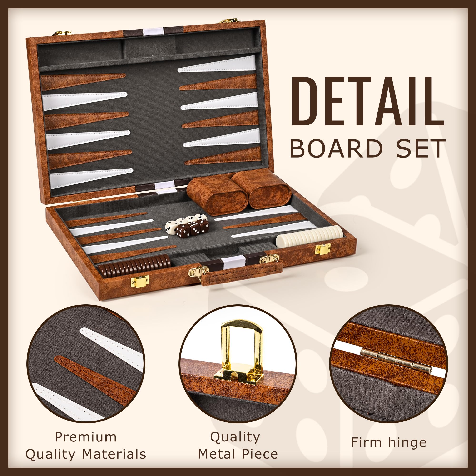 Ropoda backgammon dice shakers and chips arranged for quick setup.