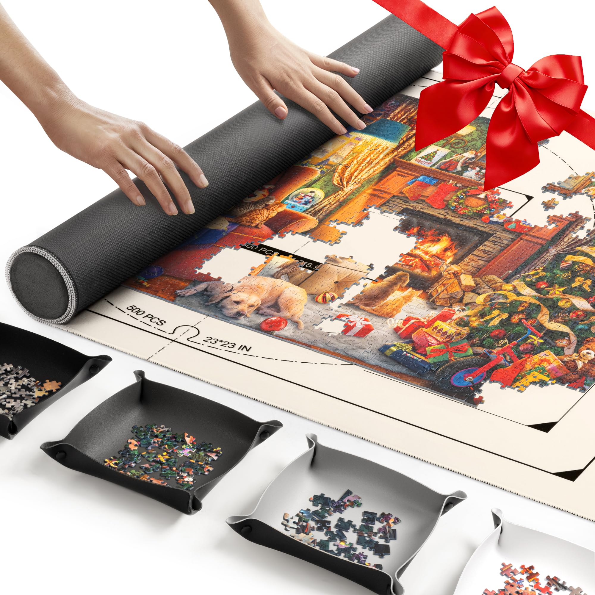 Ropoda puzzle mat rollup with 1500-piece setup and secure foam roller.