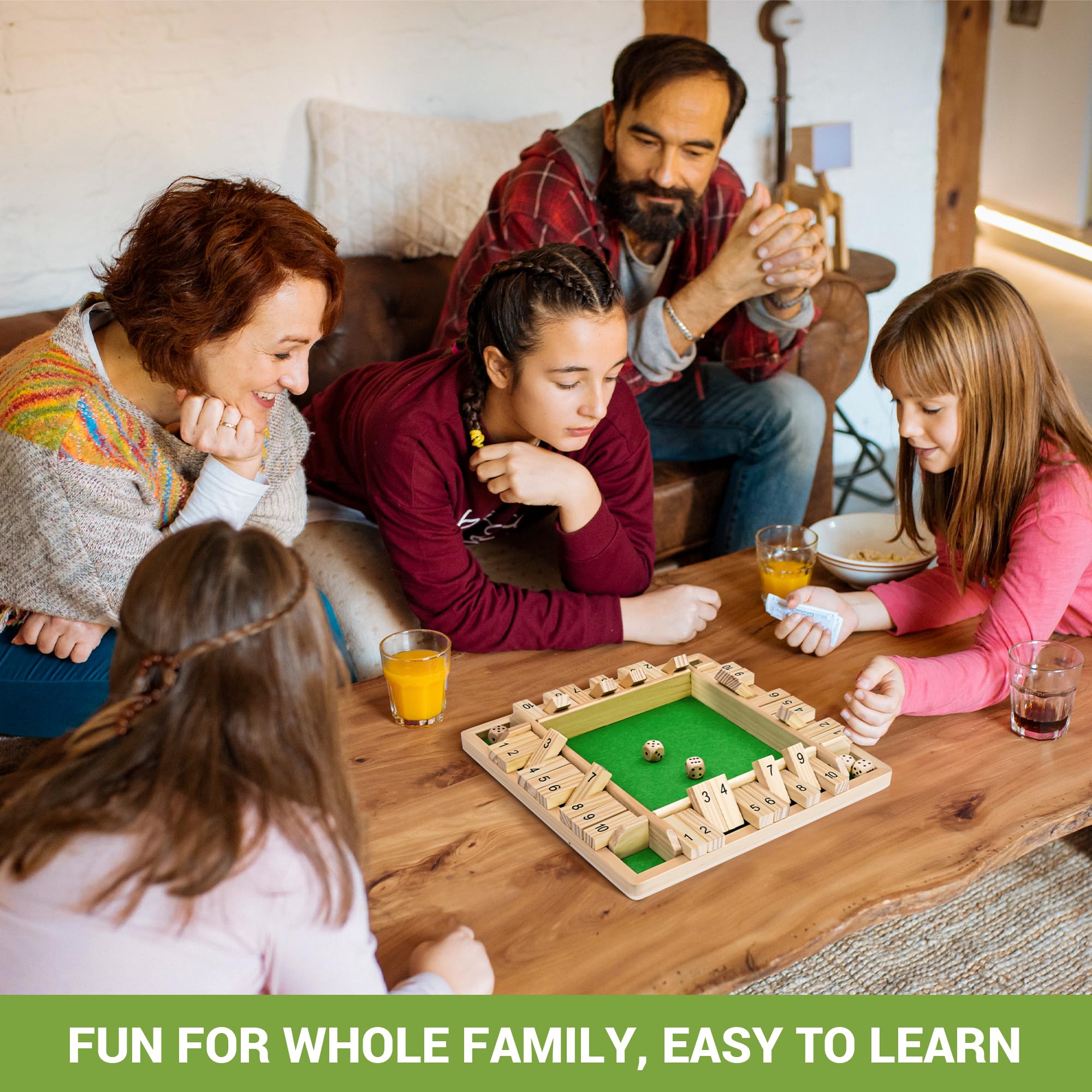 Ropoda shut the box dice closeup highlights eight dice for quick, engaging math-inspired turns.