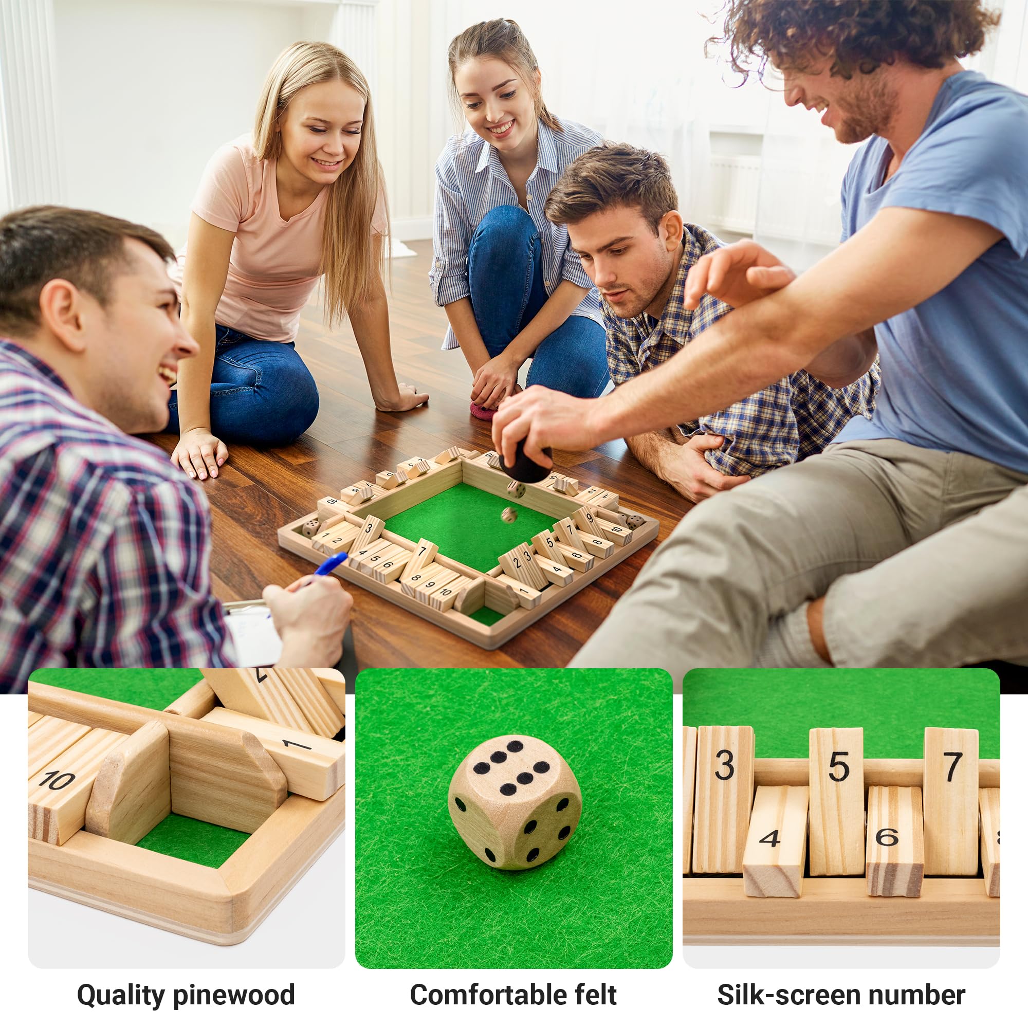 Ropoda shut the box pinewood construction emphasizes durable, smooth surfaces for repeated family game nights.