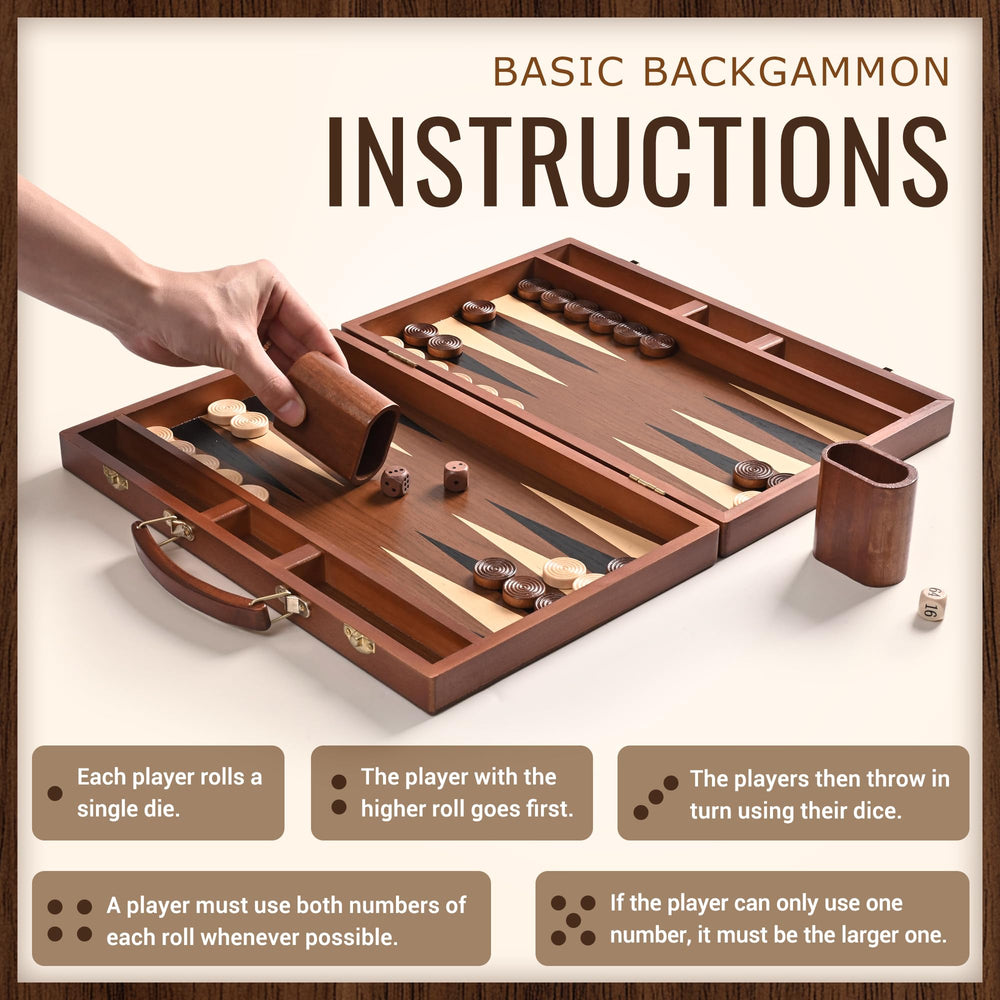 Ropoda wooden backgammon pieces neatly stacked beside the board.