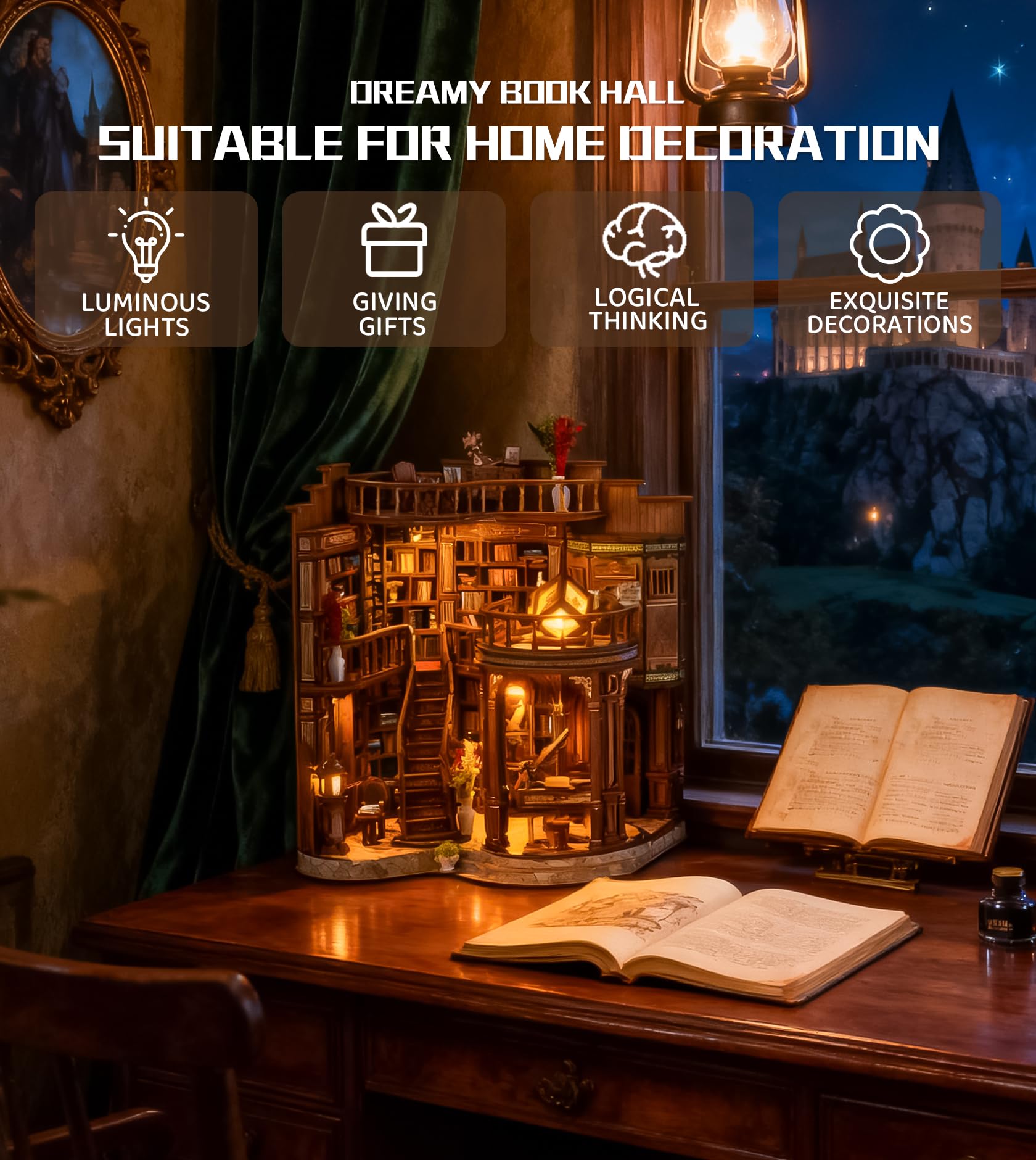 Roroom Dreamy Book Hall LED light creates a warm evening atmosphere.