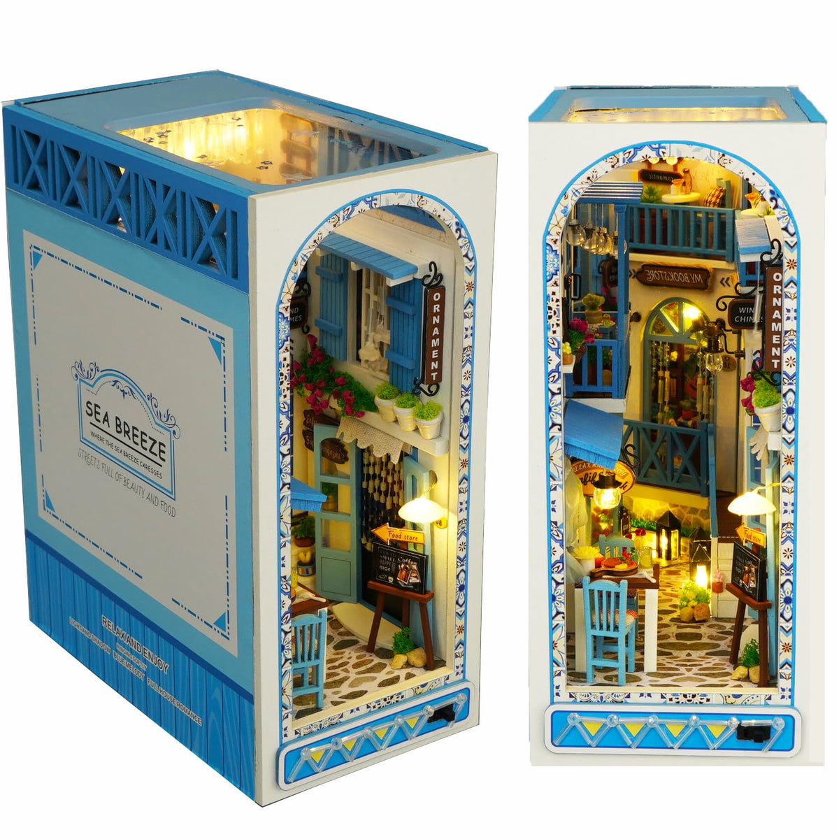 Roroom Sea Breeze book nook kit on shelf creates cozy reading corner