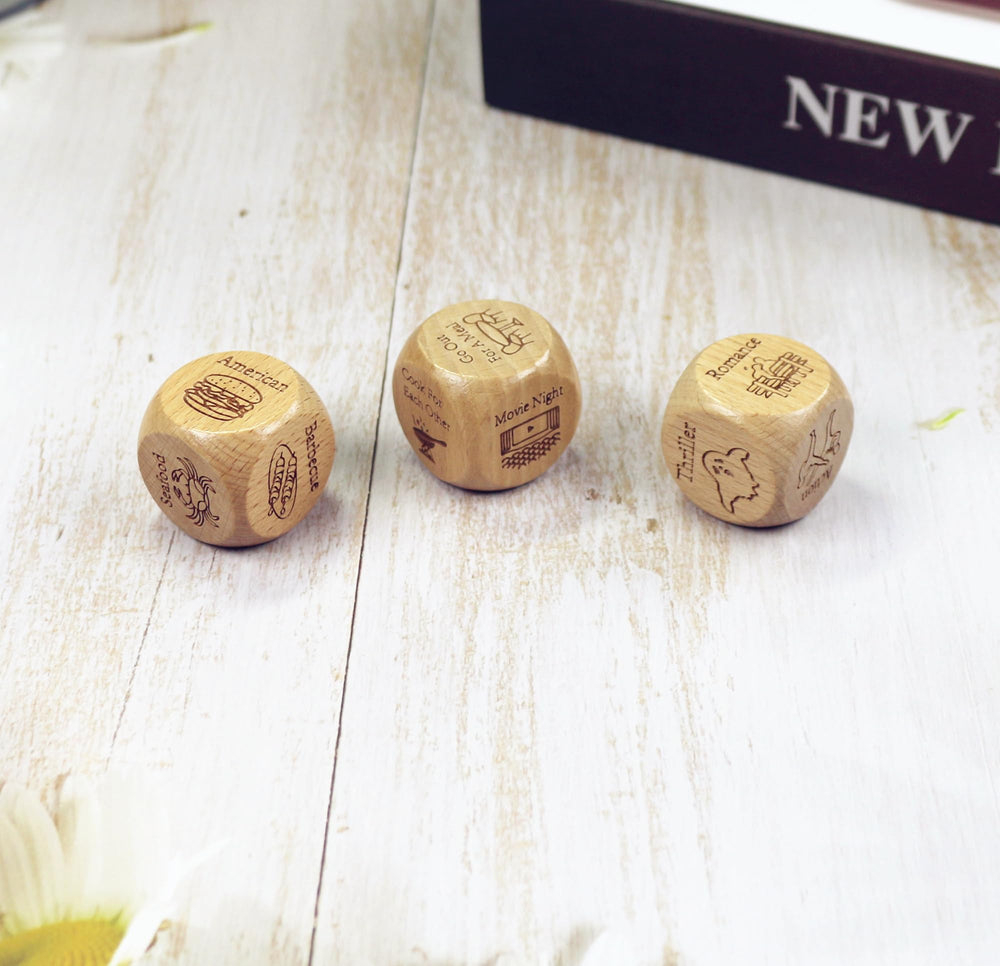RORTUSAT Date Night Dice crafted from durable wood with easy-to-read engraving.