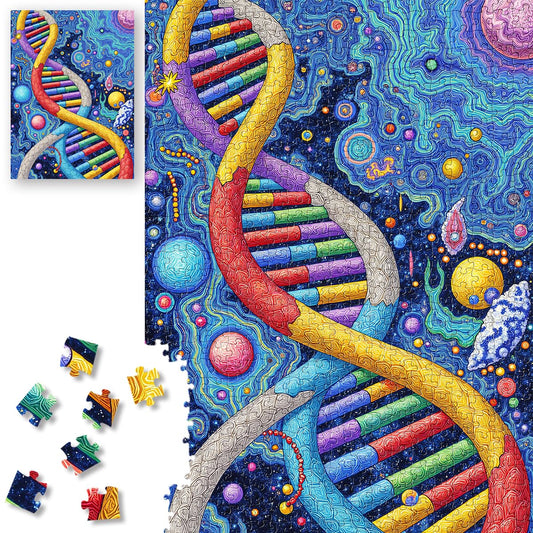 ROSE RAIN premium puzzle with a DNA helix in space, ideal for mindful focus
